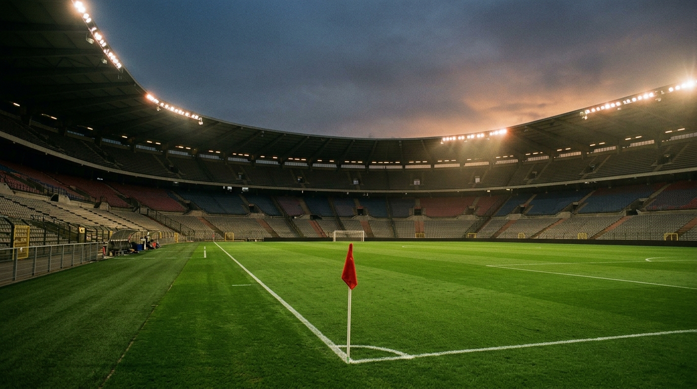 Empty historic stadium bowl at dusk with floodlights warming up over the pitch