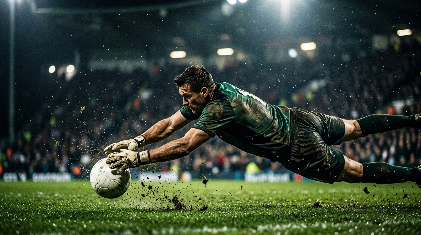 Goalkeeper diving to save a low shot under floodlights