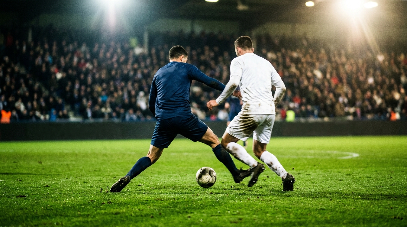 Two players contesting a loose ball on a floodlit pitch during an evening league match