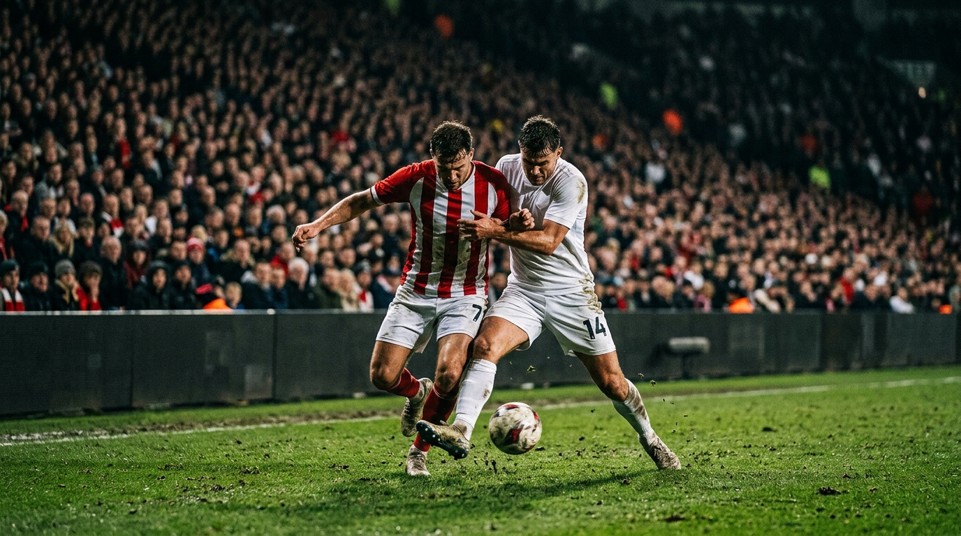 Two football players contesting the ball in midfield under floodlights during a tense derby