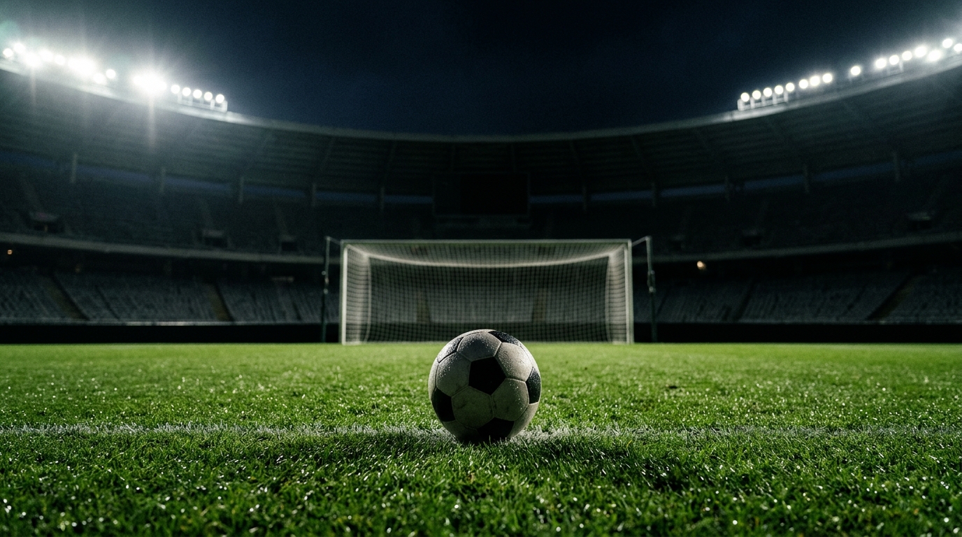 Football on the penalty spot inside a floodlit stadium before kick-off