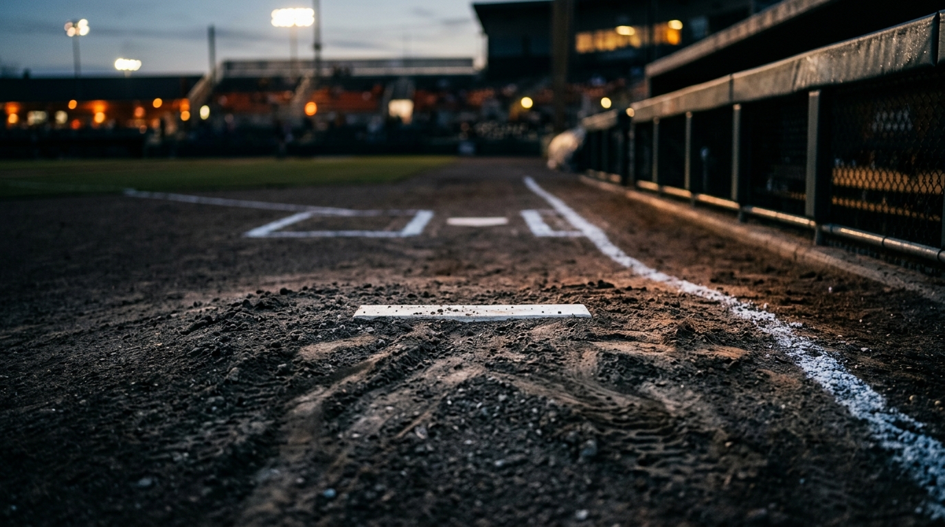 Close view of a baseball mound and infield dirt under stadium floodlights after a night game