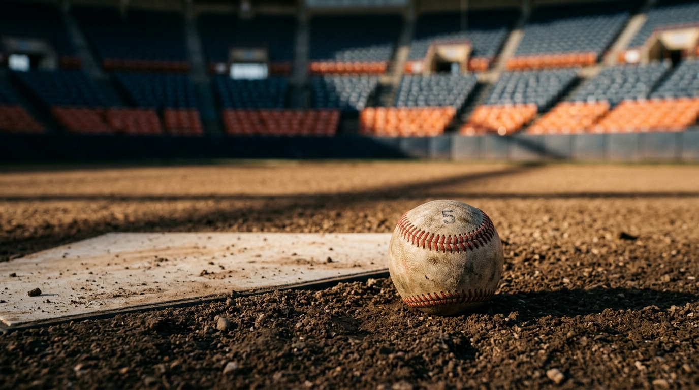 Baseball on the dirt near home plate with stadium background