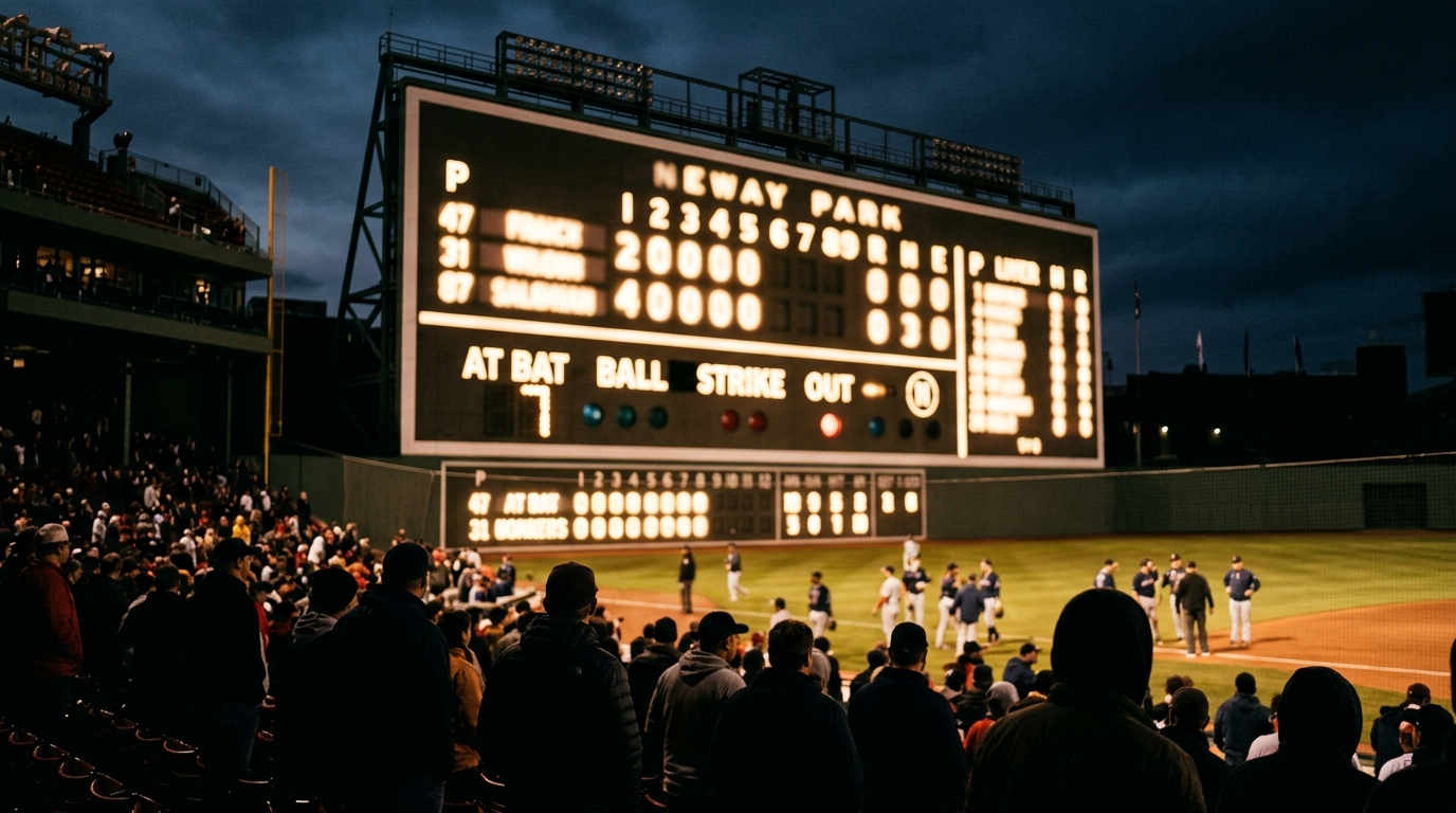 Glowing stadium scoreboard at night after a high-scoring baseball game