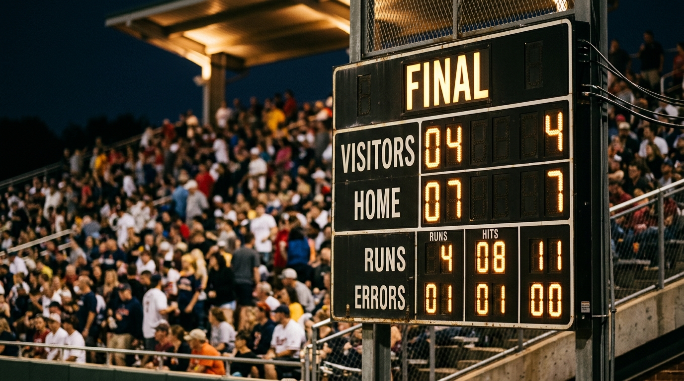 Scoreboard showing final scores under stadium lights