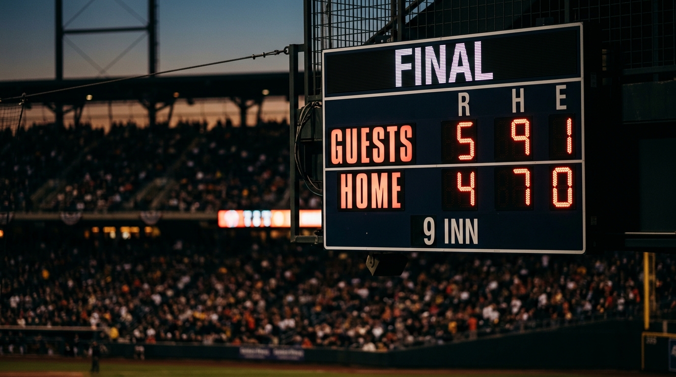 Baseball scoreboard glowing at dusk after a game