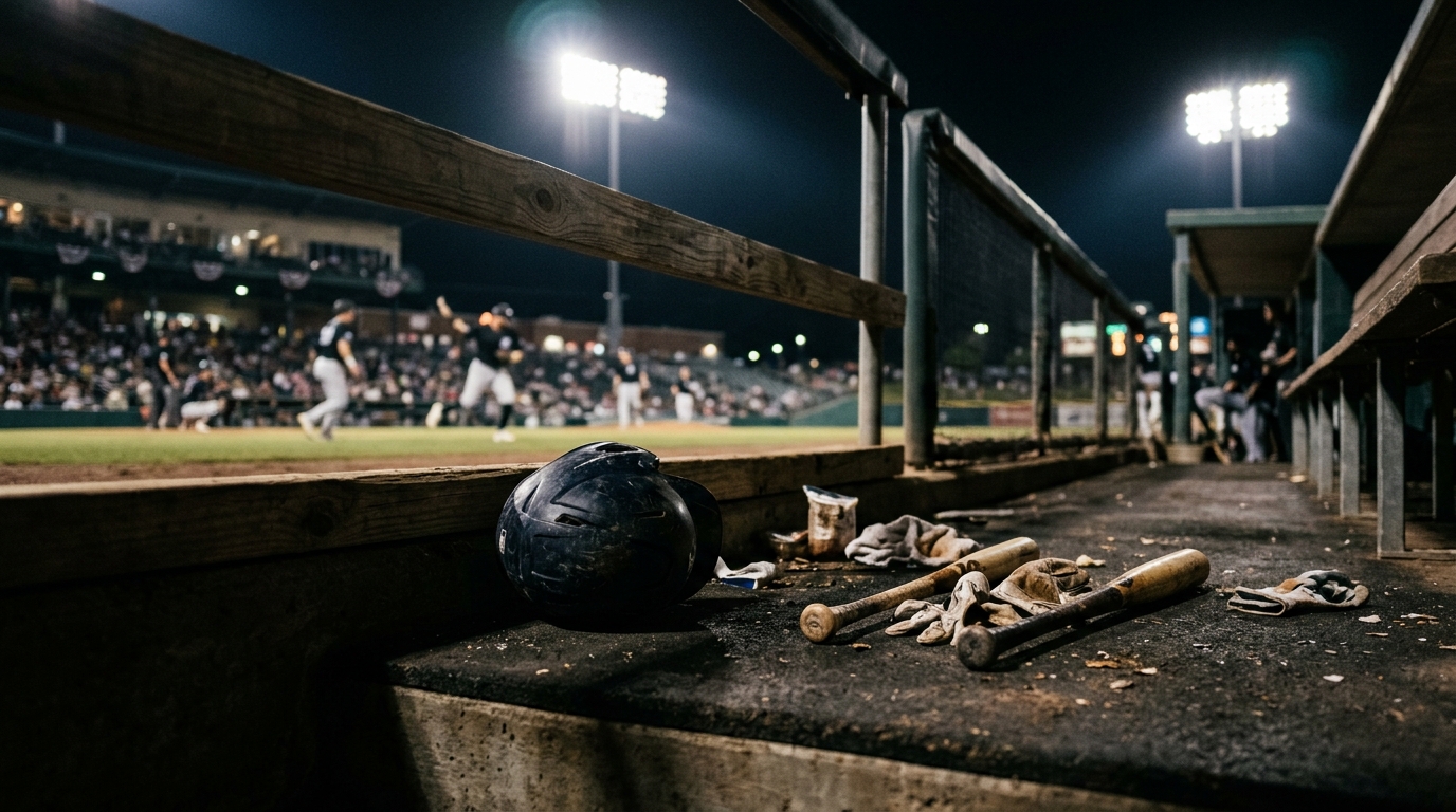 Dugout railing at a floodlit ballpark during a night game, stadium lights overhead
