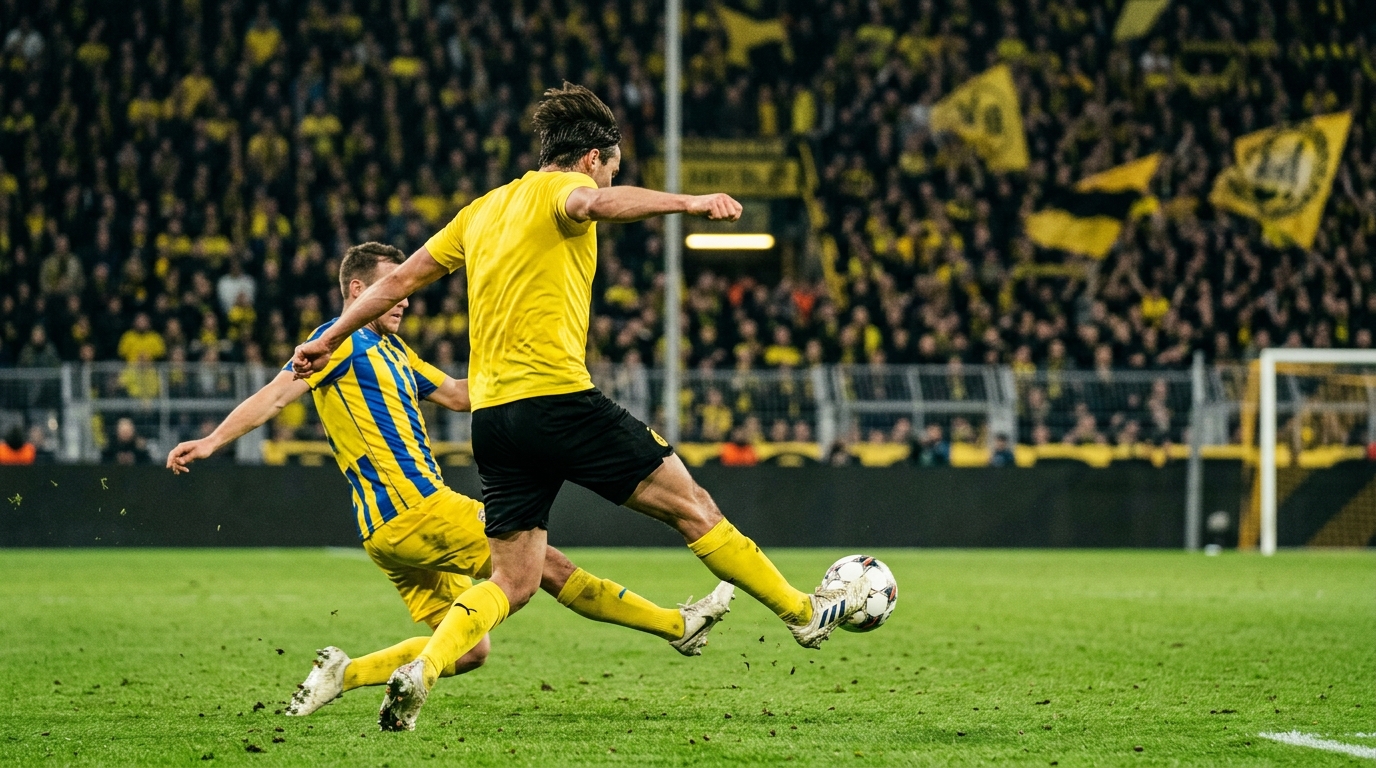 Action during a football match at Signal Iduna Park with players contesting the ball
