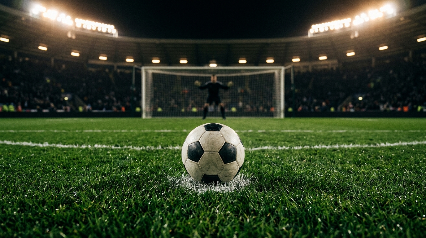 Football on the penalty spot under stadium floodlights