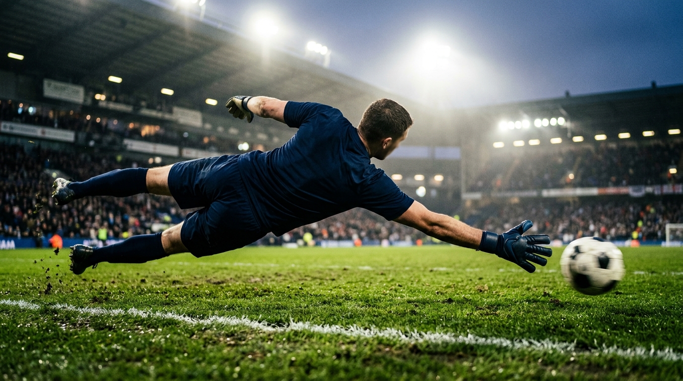 Goalkeeper diving to make a save under floodlights