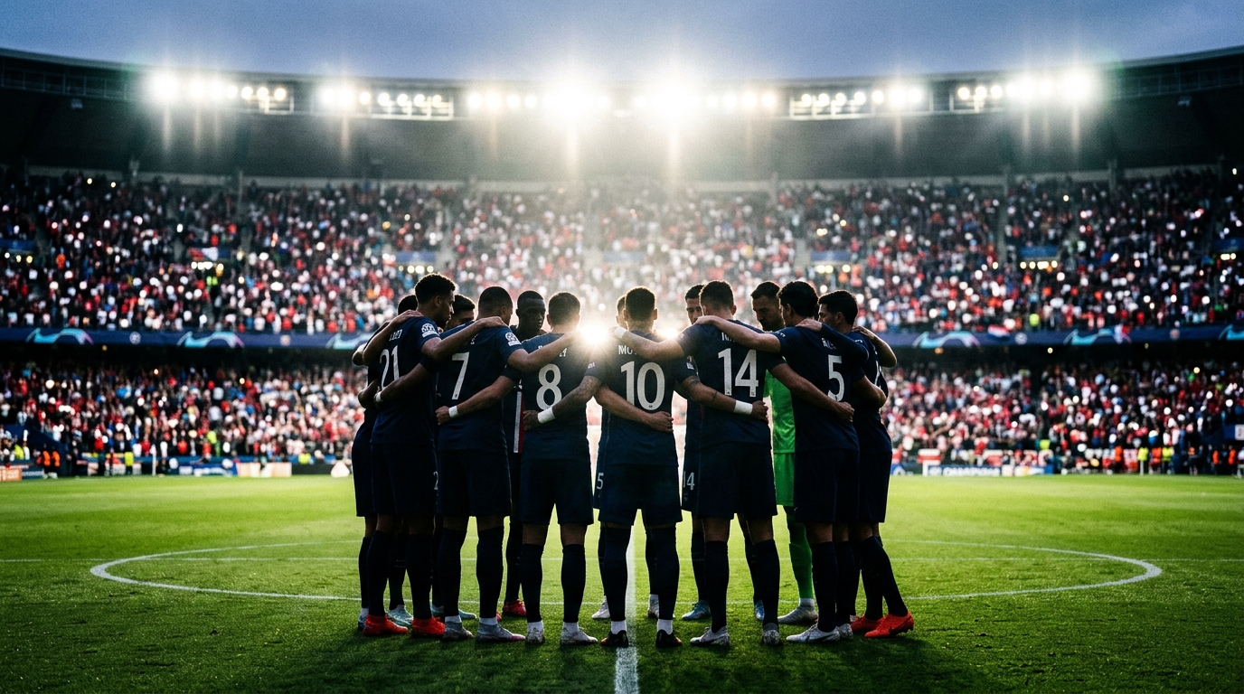 Players in a tactical huddle under floodlights before a match