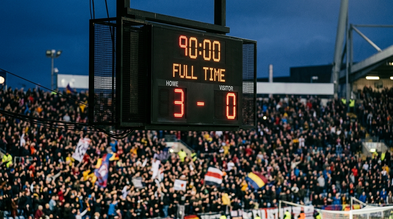 Stadium scoreboard showing a 3-0 full-time score