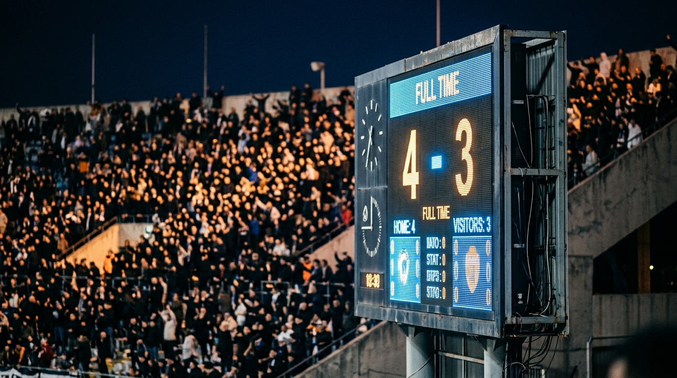 Stadium scoreboard glowing at night after a football match