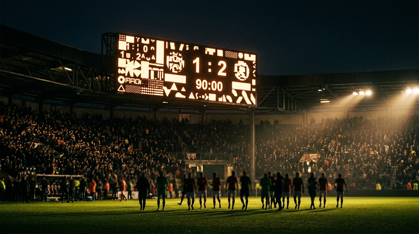 Glowing stadium scoreboard at night with blurred players on the pitch after a match.