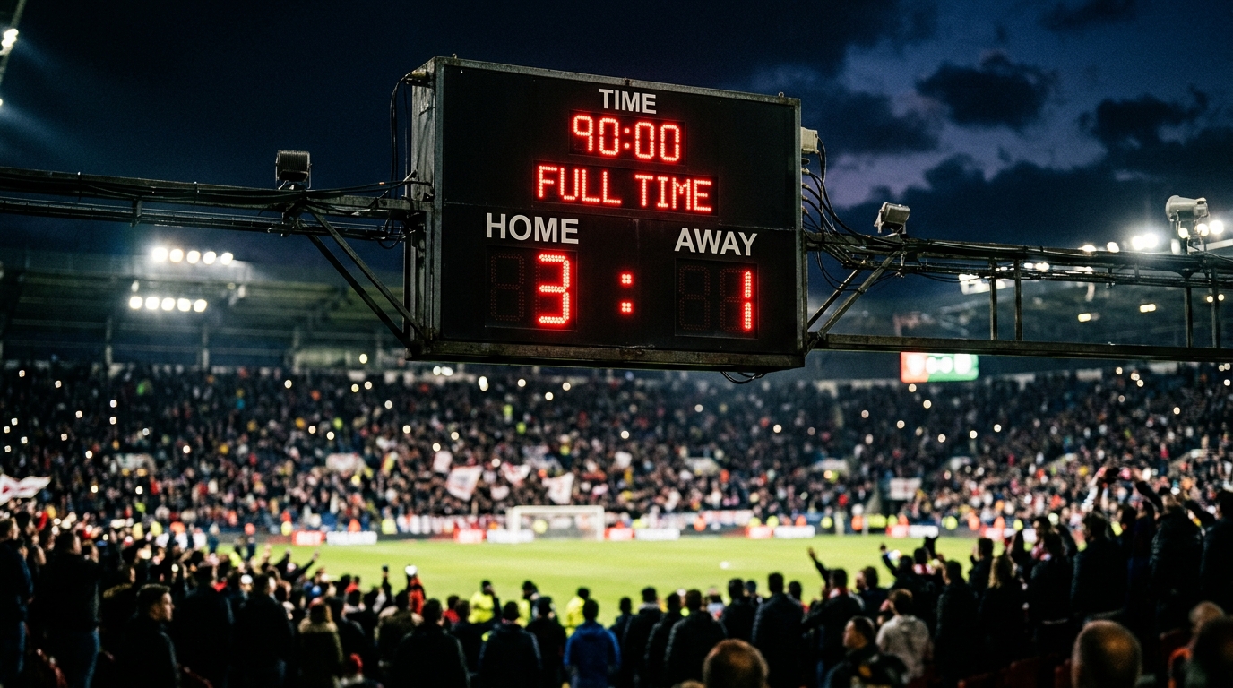Stadium scoreboard glowing at night after a football match