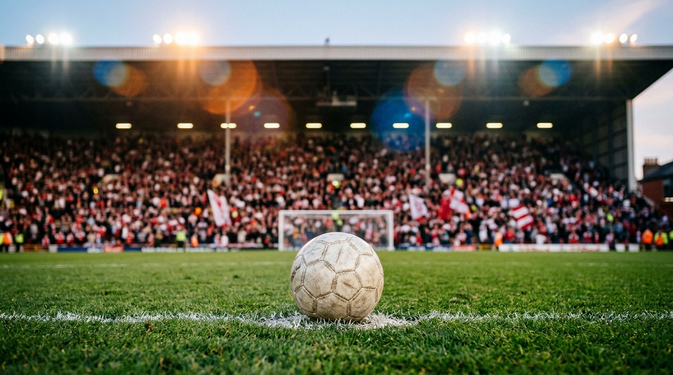 Football on the penalty spot inside a floodlit English stadium before a Premier League match
