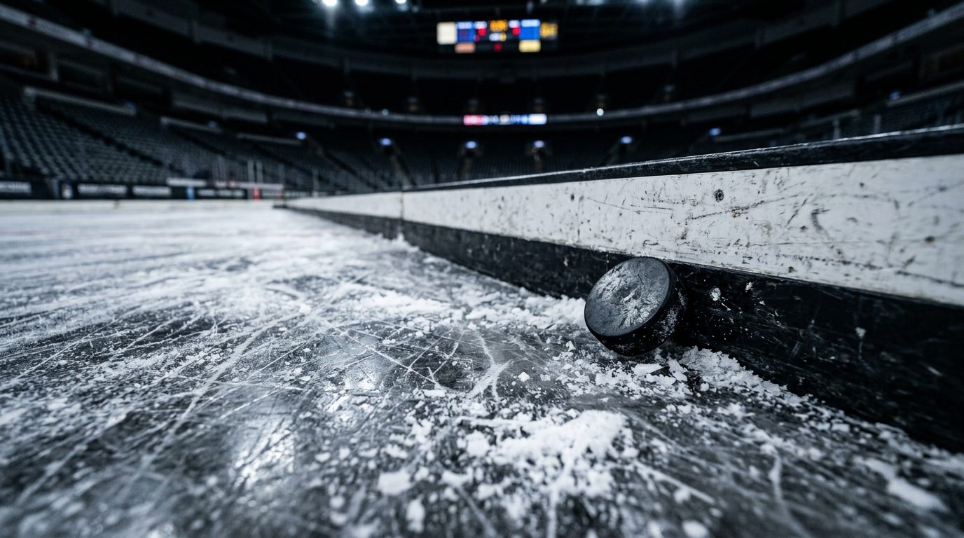 Scuffed ice surface with a puck resting against the boards after a hockey match