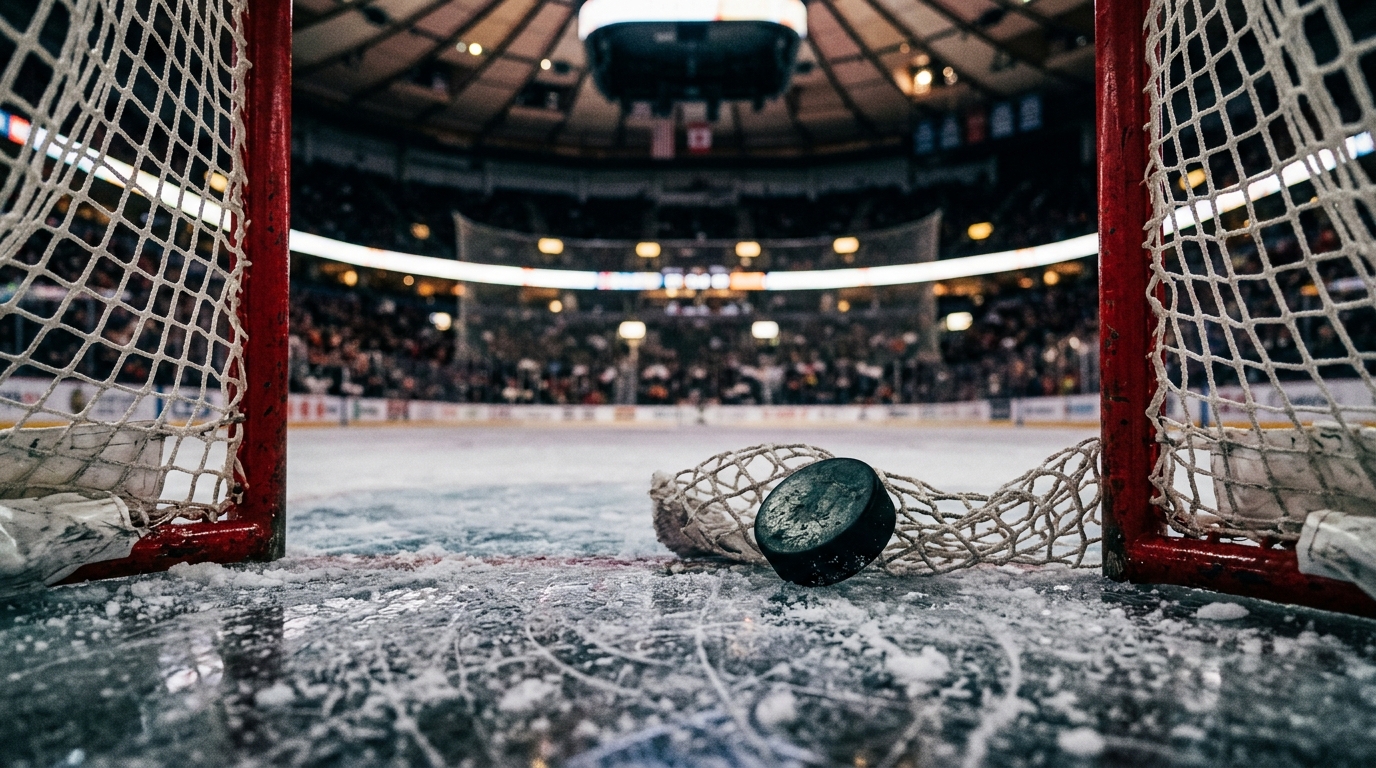 Hockey puck in the net under arena lights after a goal