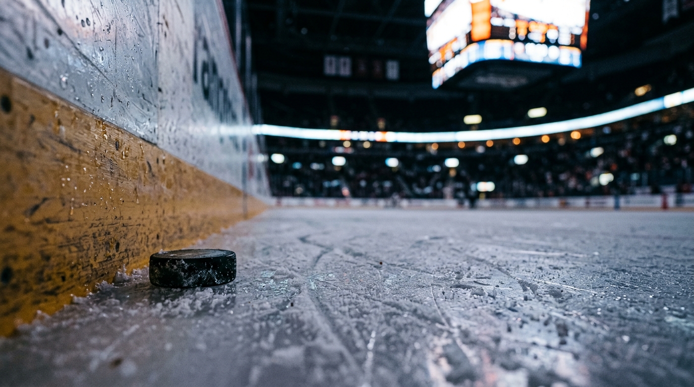 Puck resting on scuffed ice near the boards after a hockey match