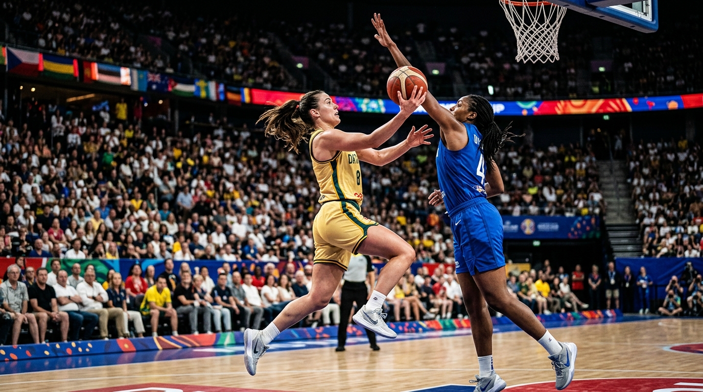 Australia W player driving against Italy W defender