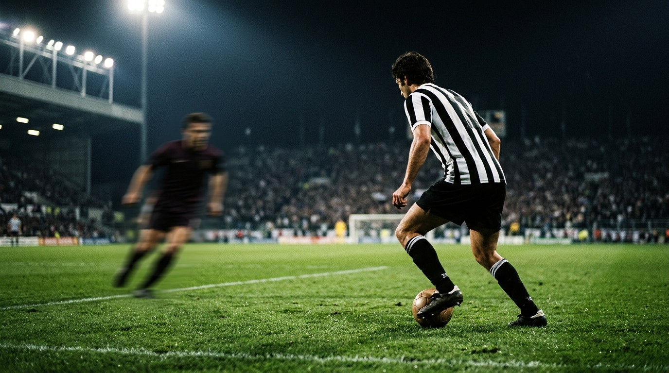 Player in a black and white striped shirt controlling the ball under floodlights during a European night match