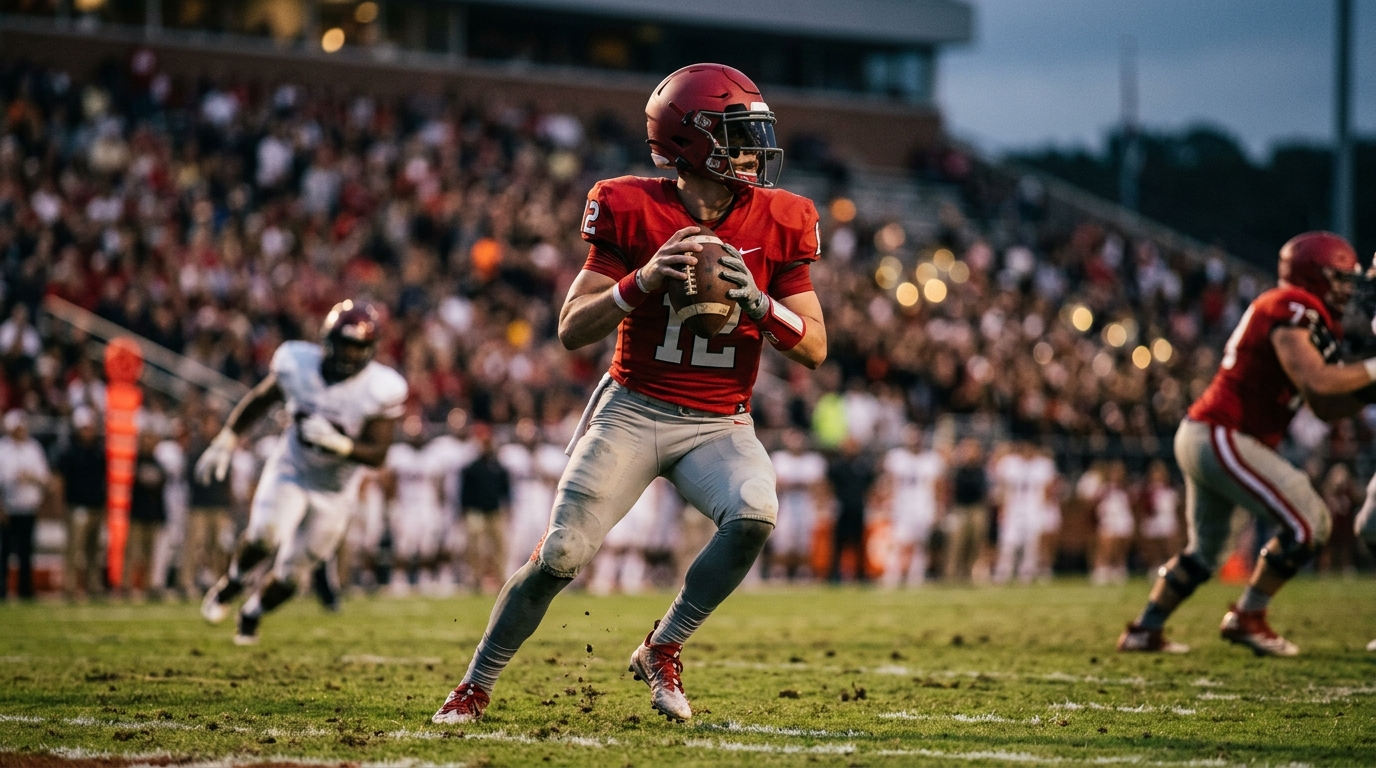 Quarterback in a red jersey dropping back to pass under stadium lights
