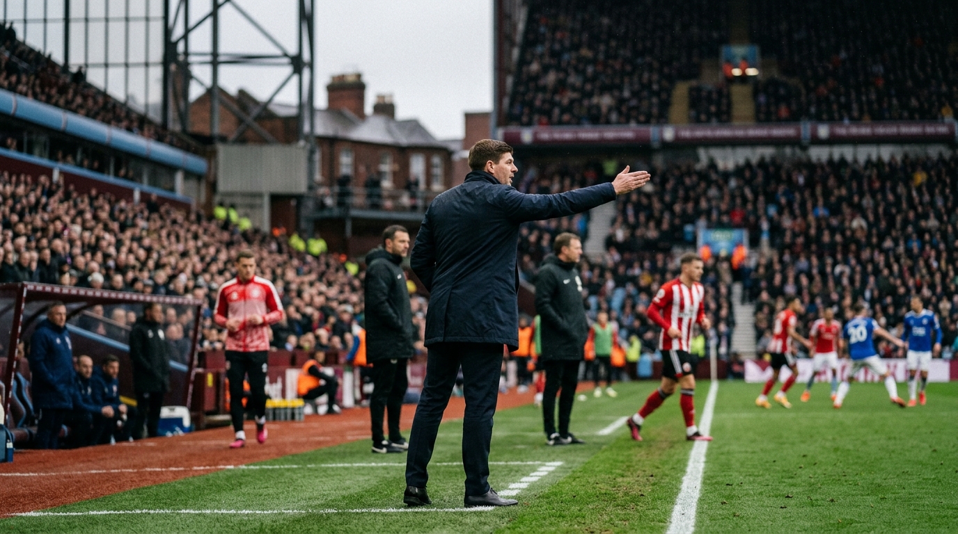 Editorial photograph of the touchline at a historic English football stadium during a Premier League match, with a manager gesturing and players warming up in the background.