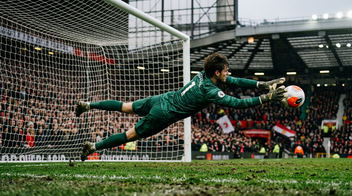 Goalkeeper diving to save a shot at the near post in a floodlit stadium