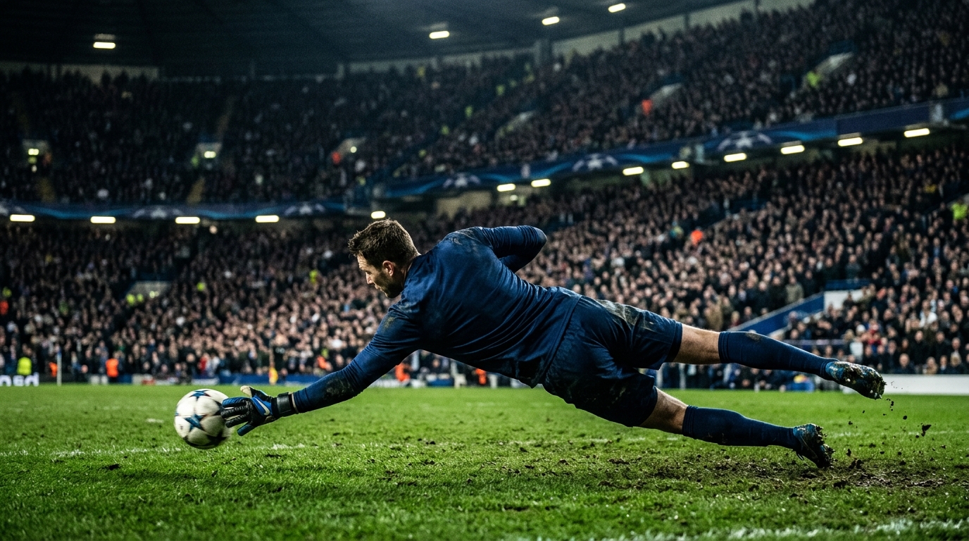 Goalkeeper diving to save a low shot under floodlights