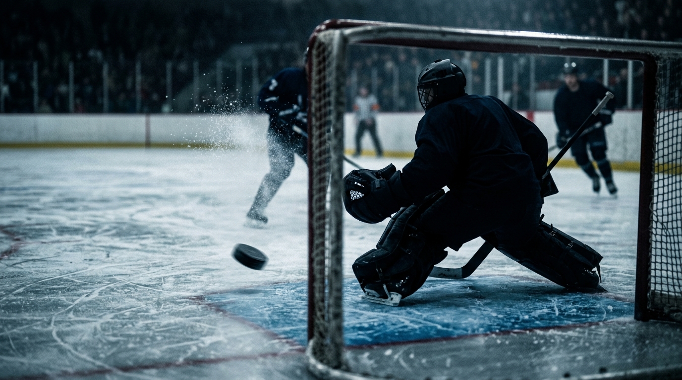 Hockey net and crease seen from ice level with a goalie silhouetted in the crease
