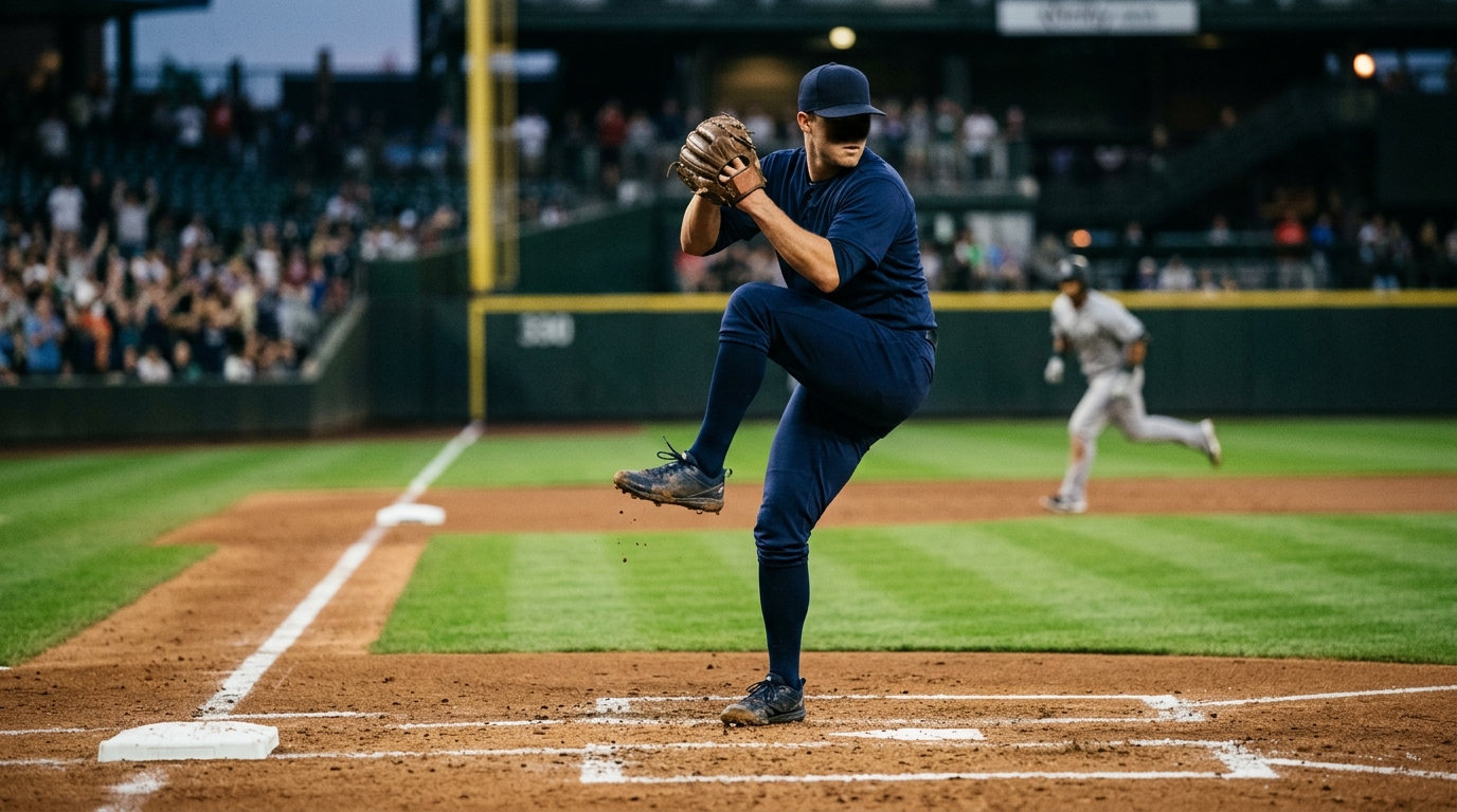 Pitcher in mid-windup on the mound during an evening baseball game