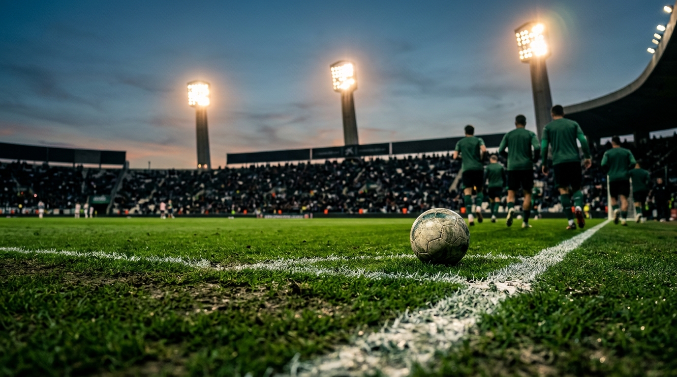 Ground-level view of the pitch and floodlights inside a Mediterranean stadium before kick-off