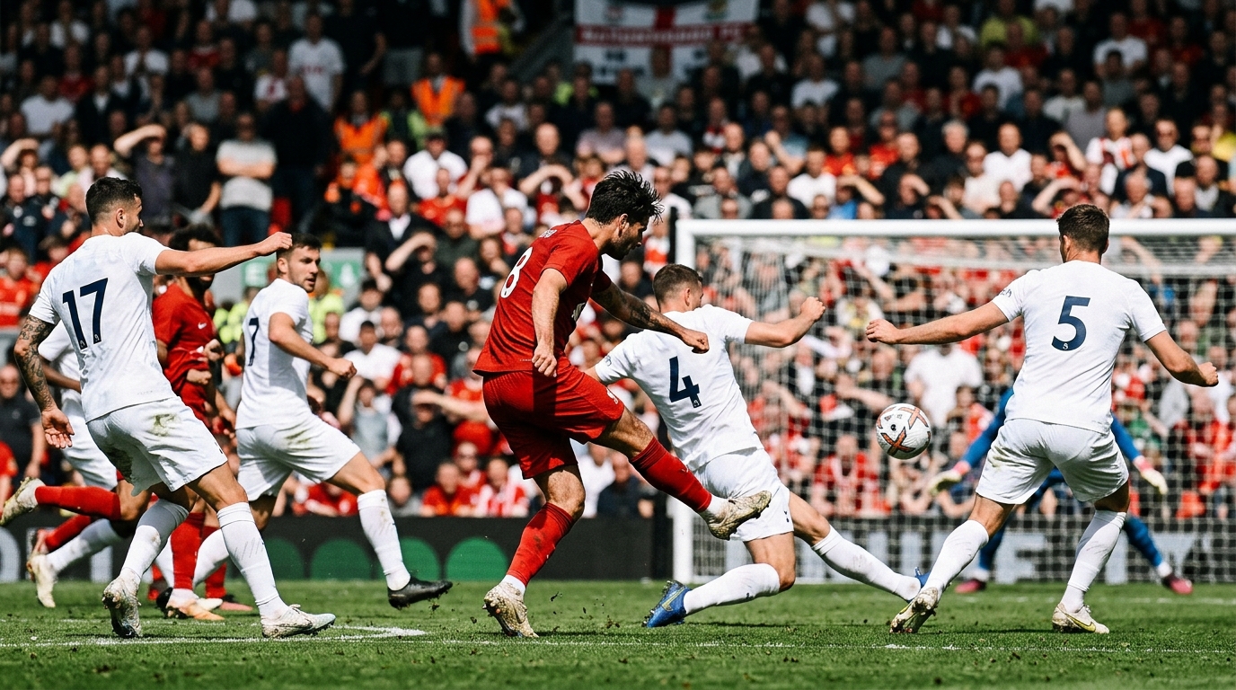 A player in red shoots at goal during a La Liga match at El Sadar, with defenders in white closing in.