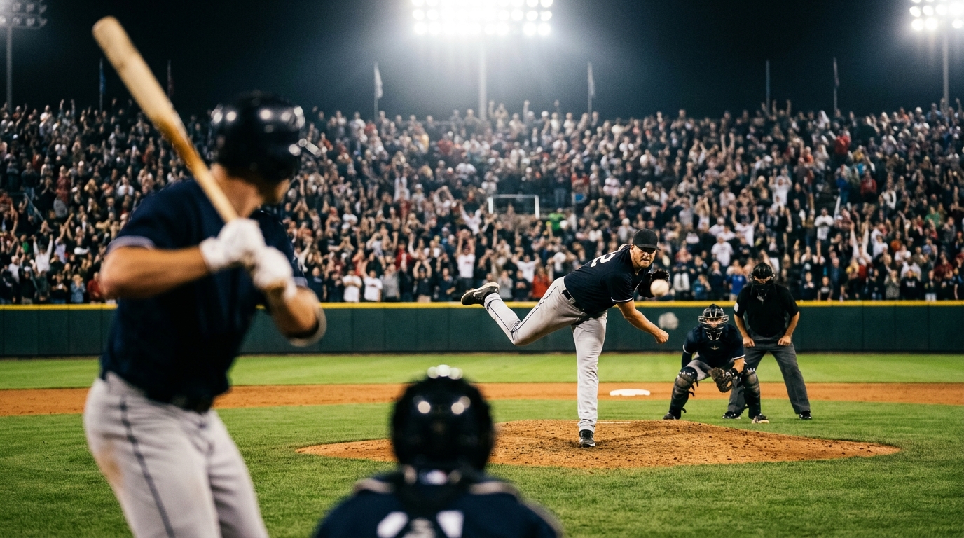 Pitcher throwing a pitch during a night baseball game