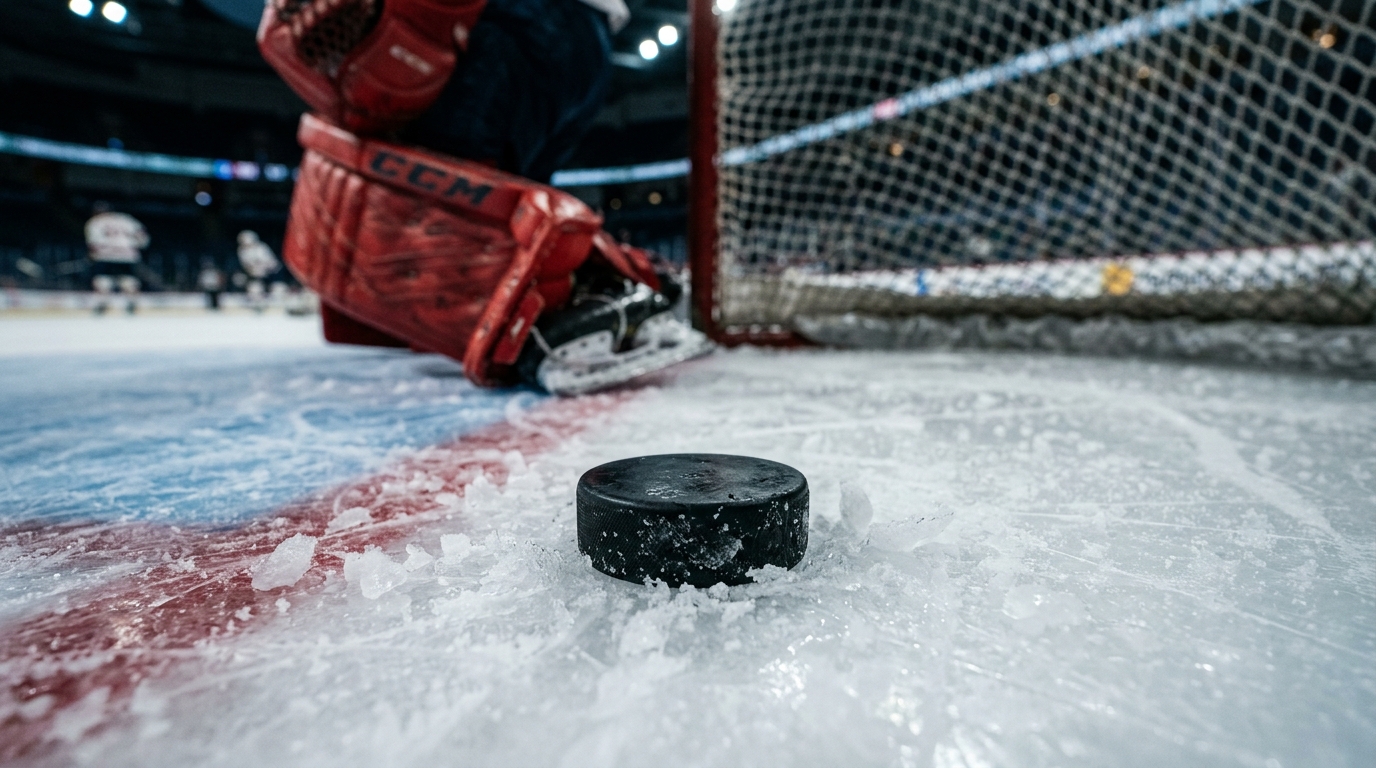 Hockey puck on the ice near the goal crease under arena lighting