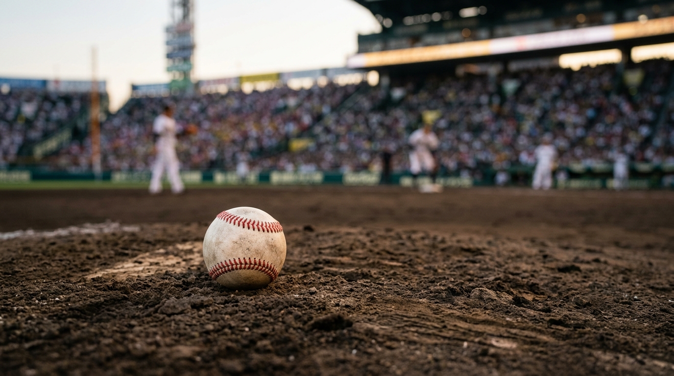 Baseball on the pitcher's mound under stadium lights, blurred infield in the background.