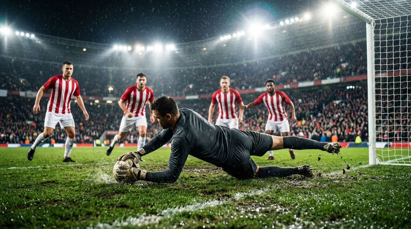 Goalkeeper diving to save a low ball in a floodlit penalty area