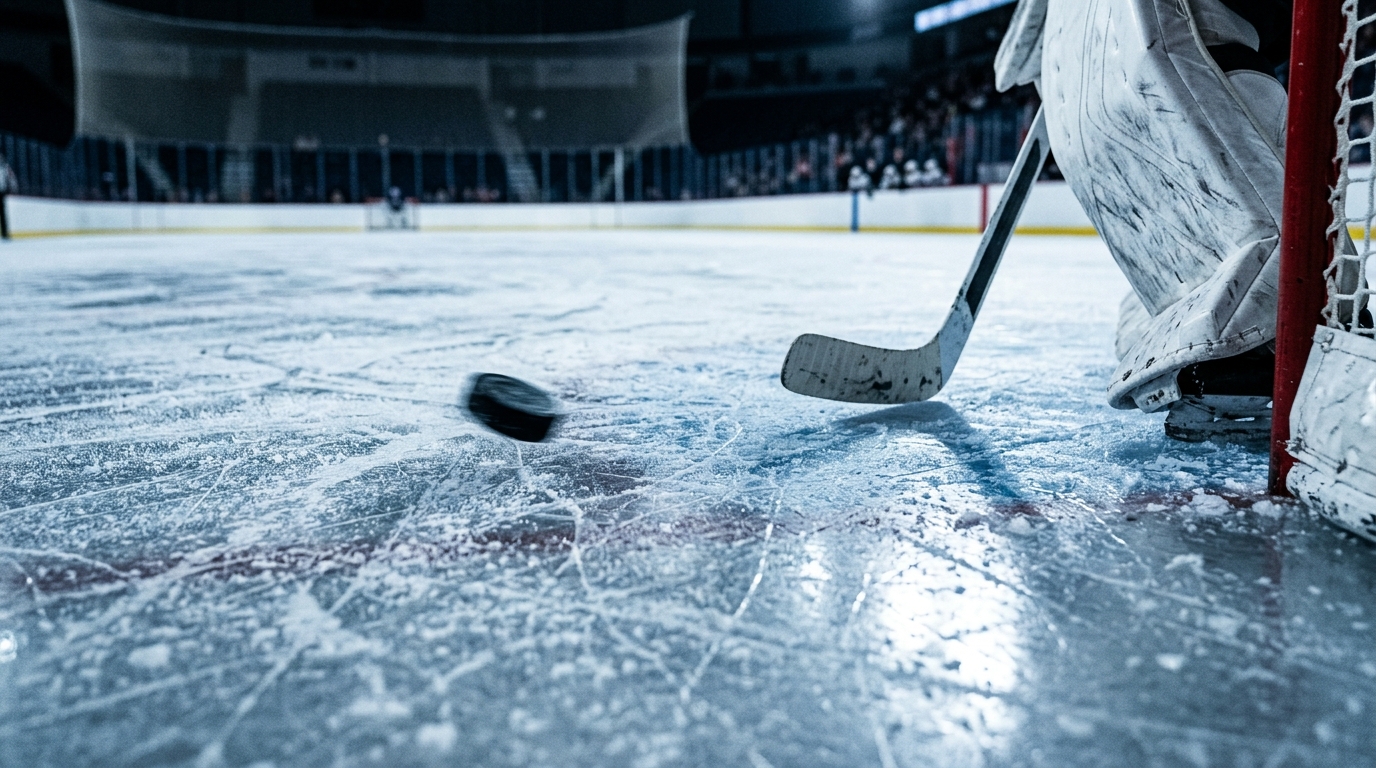 Hockey puck sliding across scratched ice toward a goal crease under arena floodlights