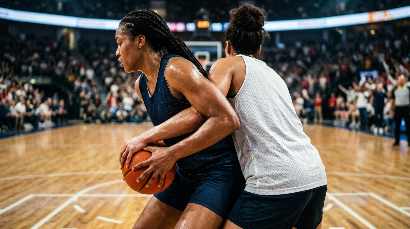 Two women's basketball players contesting position near the free-throw line.