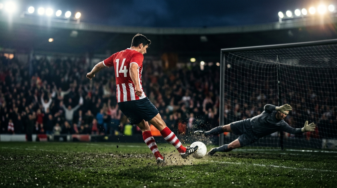 Footballer in a red and white striped shirt shooting toward goal under floodlights