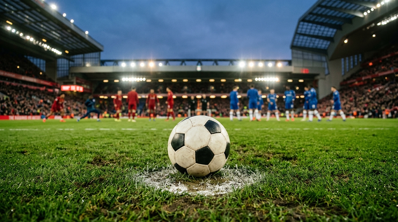 Football on the penalty spot under floodlights before a Bundesliga match