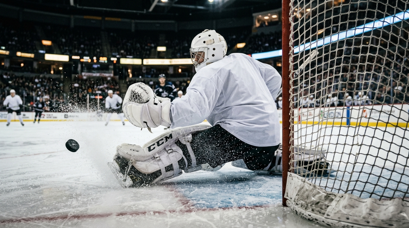 A goaltender in a plain jersey makes a pad save as the puck deflects wide of the net.